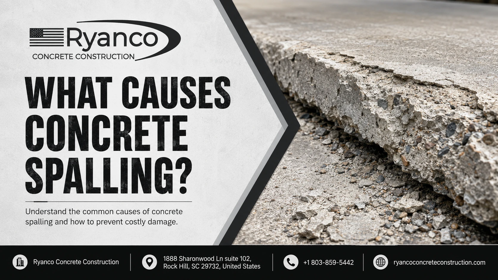 Spalling concrete surface with flaking, pitting, and exposed aggregate