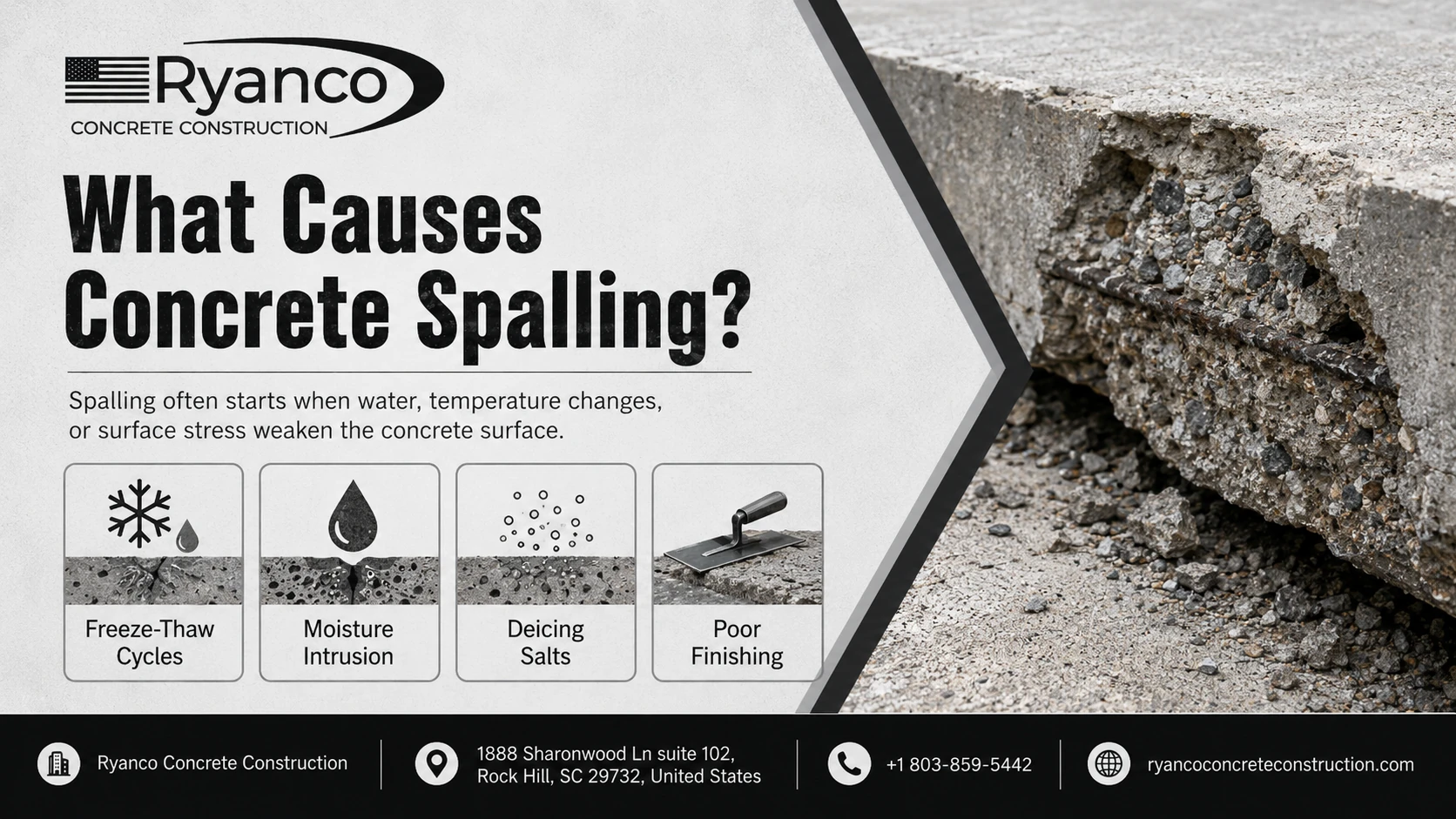 Spalling concrete surface with flaking, pitting, and exposed aggregate